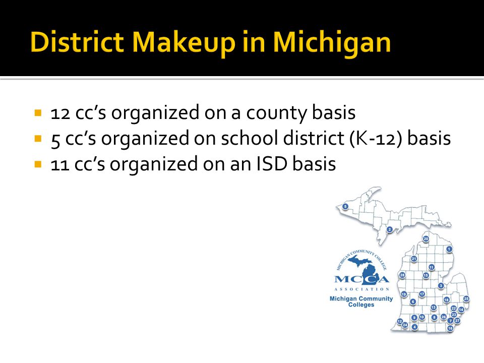  12 cc’s organized on a county basis  5 cc’s organized on school district (K-12) basis  11 cc’s organized on an ISD basis