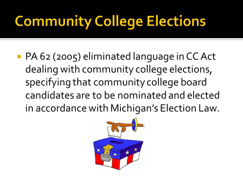  PA 62 (2005) eliminated language in CC Act dealing with community college elections, specifying that community college board candidates are to be nominated and elected in accordance with Michigan’s Election Law.