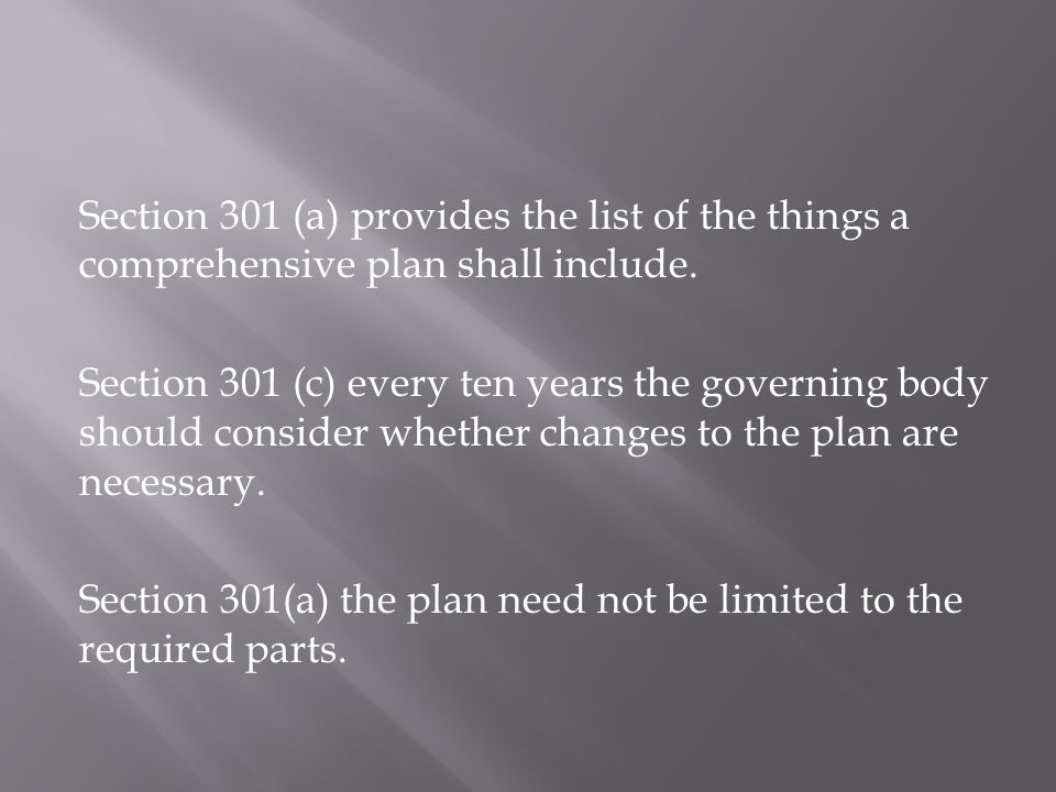 Section 301 (a) provides the list of the things a comprehensive plan shall include.