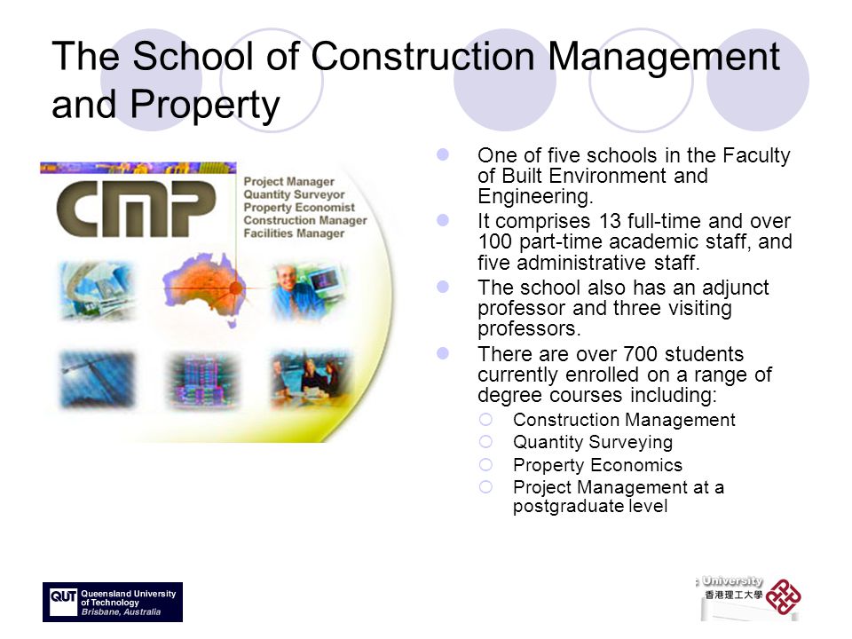 The School of Construction Management and Property One of five schools in the Faculty of Built Environment and Engineering.