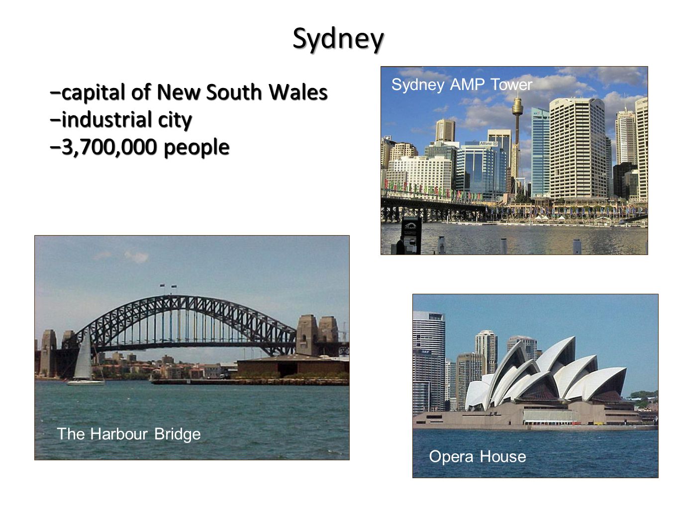 −capital of New South Wales −industrial city −3,700,000 people The Harbour Bridge Sydney AMP Tower Opera House Sydney