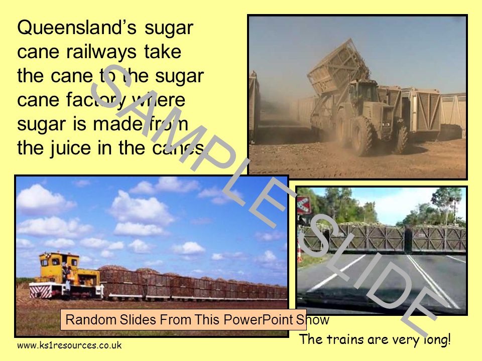 Queensland’s sugar cane railways take the cane to the sugar cane factory where sugar is made from the juice in the canes.