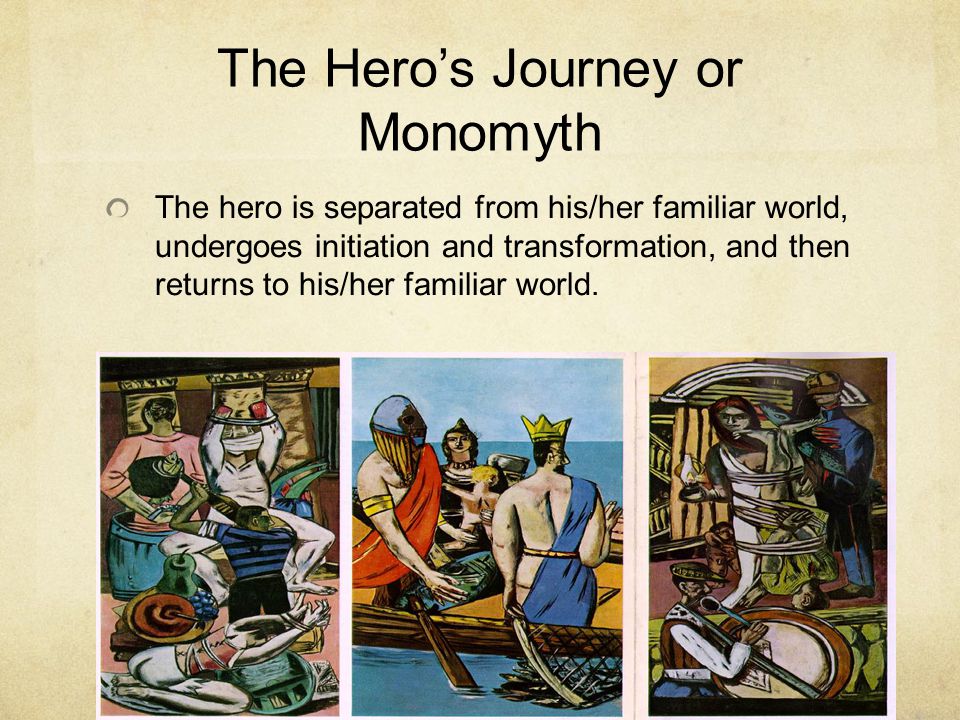 The Hero’s Journey or Monomyth The hero is separated from his/her familiar world, undergoes initiation and transformation, and then returns to his/her familiar world.
