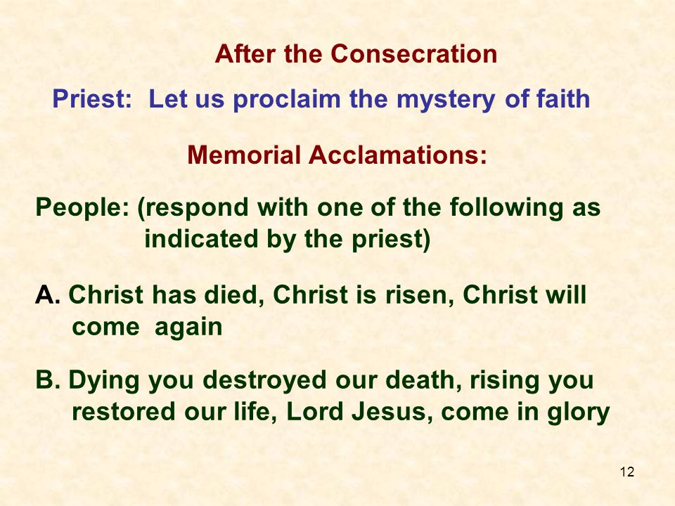 12 A. Christ has died, Christ is risen, Christ will come again B.