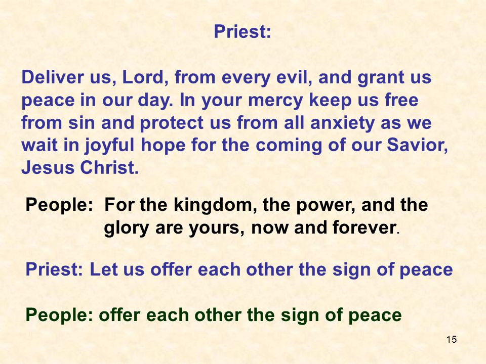 15 Priest: Deliver us, Lord, from every evil, and grant us peace in our day.