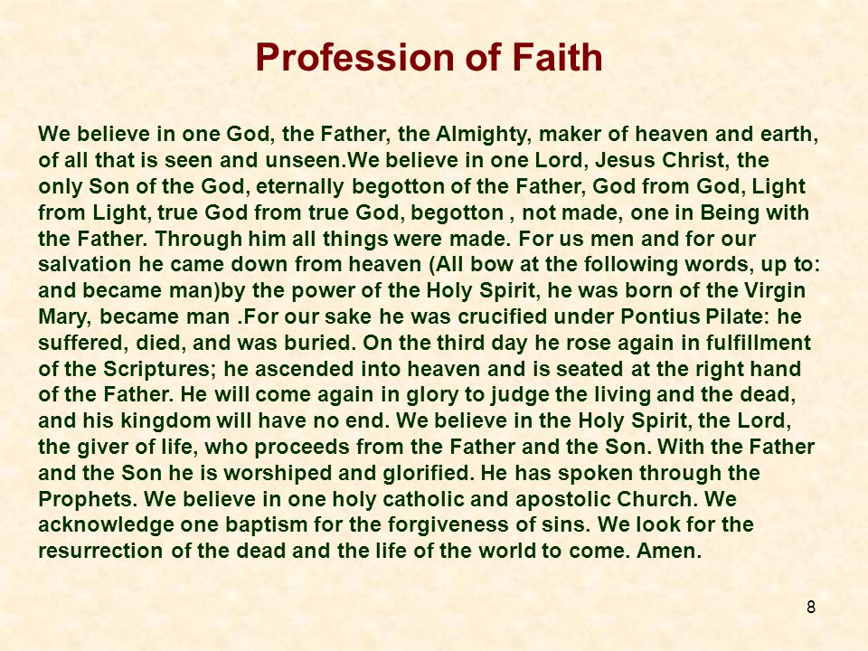 8 Profession of Faith We believe in one God, the Father, the Almighty, maker of heaven and earth, of all that is seen and unseen.We believe in one Lord, Jesus Christ, the only Son of the God, eternally begotton of the Father, God from God, Light from Light, true God from true God, begotton, not made, one in Being with the Father.