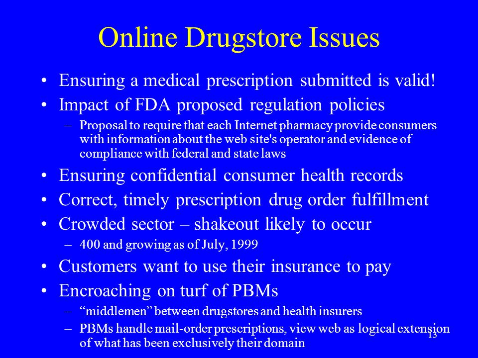 12 Online Drugstore Issues July 30, 1999 WASHINGTON - In a stunning testimony this morning before the Oversight and Investigations Subcommittee, investigative TV journalists explained how a 7-year-old child, a man dead for 24 years, and a neutered cat ordered drugs over the internet.