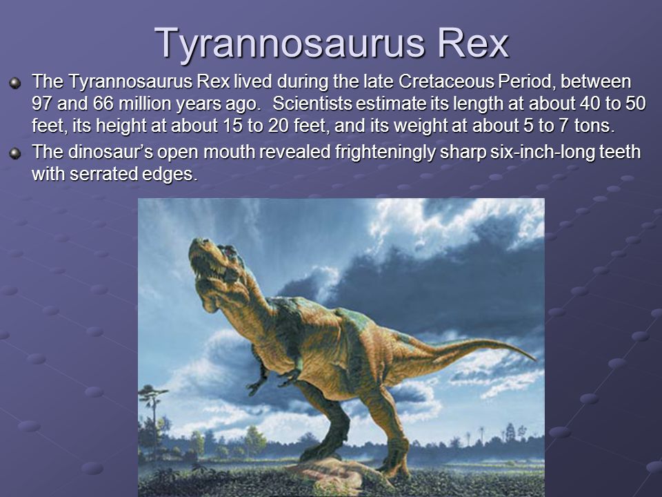 Tyrannosaurus Rex The Tyrannosaurus Rex lived during the late Cretaceous Period, between 97 and 66 million years ago.