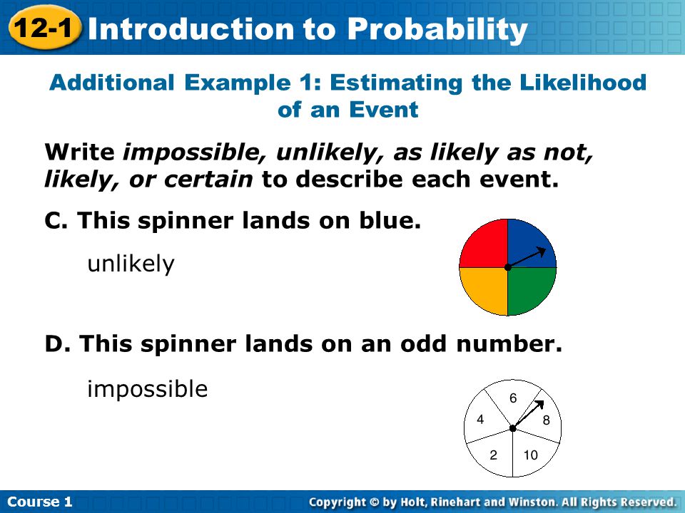 Insert Lesson Title Here Additional Example 1: Estimating the Likelihood of an Event Write impossible, unlikely, as likely as not, likely, or certain to describe each event.