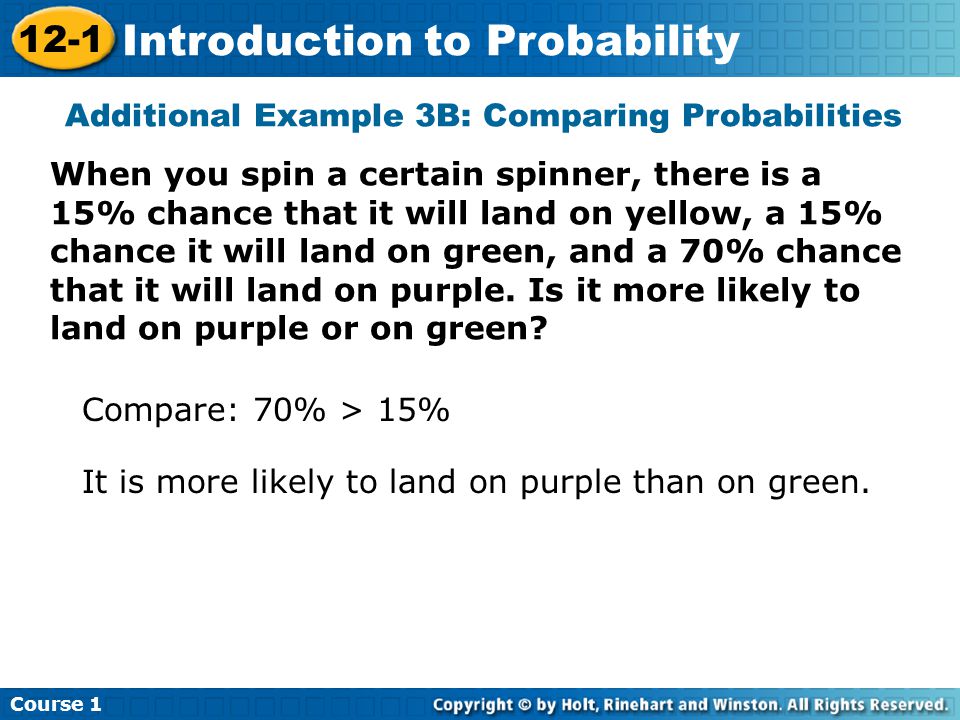 Insert Lesson Title Here Additional Example 3B: Comparing Probabilities When you spin a certain spinner, there is a 15% chance that it will land on yellow, a 15% chance it will land on green, and a 70% chance that it will land on purple.
