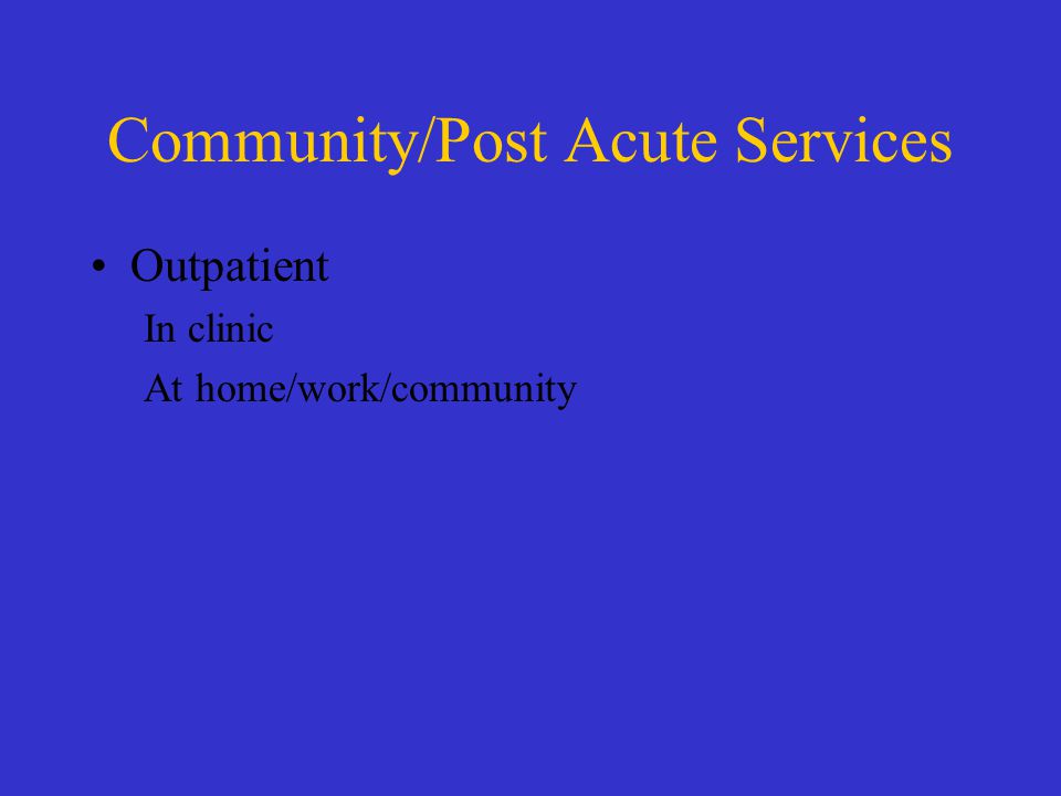 Community/Post Acute Services Outpatient In clinic At home/work/community