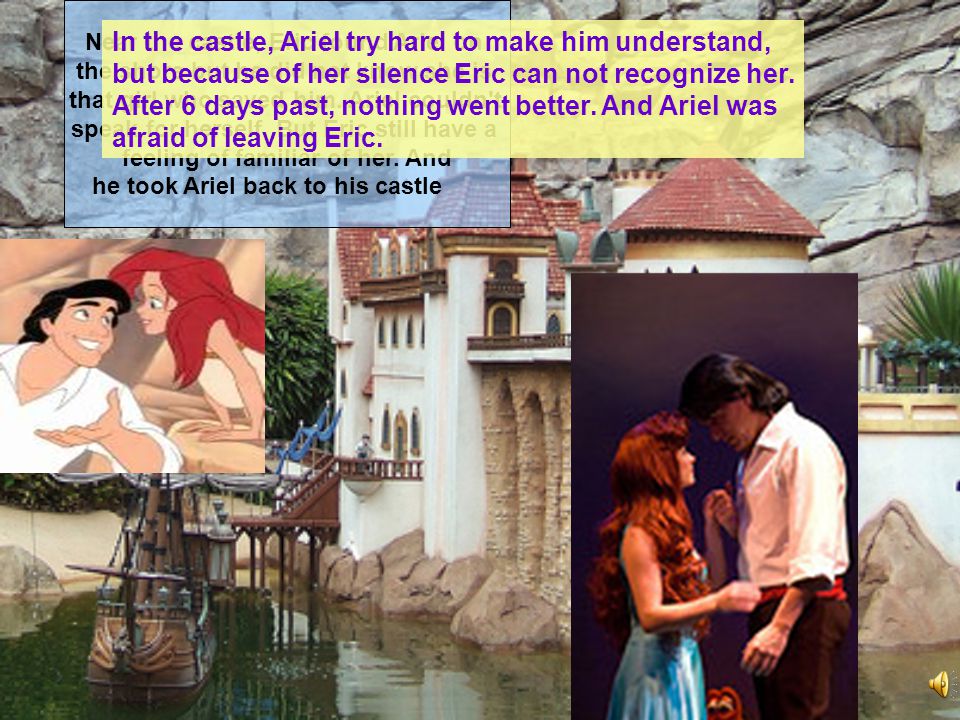 Near the castle, Eric found Ariel on the shore but he did not know she is that girl who saved him.