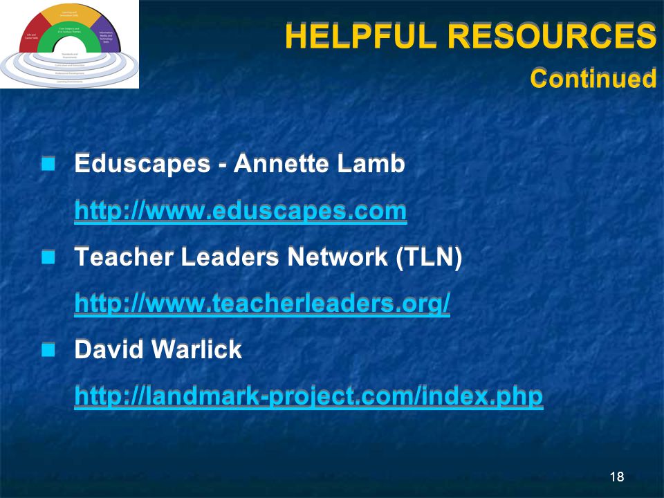 18 Eduscapes - Annette Lamb   Teacher Leaders Network (TLN)   David Warlick   Eduscapes - Annette Lamb   Teacher Leaders Network (TLN)   David Warlick   HELPFUL RESOURCES Continued
