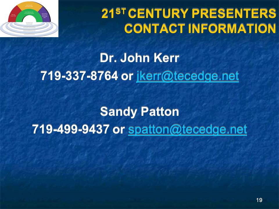 19 21 ST CENTURY PRESENTERS CONTACT INFORMATION Dr.