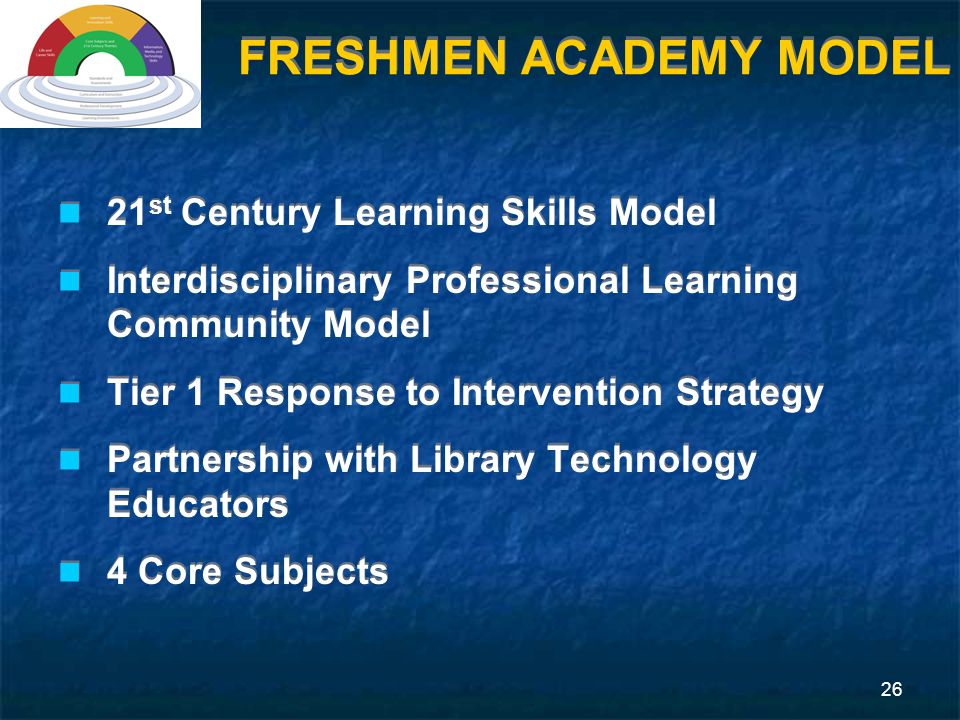 26 FRESHMEN ACADEMY MODEL 21 st Century Learning Skills Model Interdisciplinary Professional Learning Community Model Tier 1 Response to Intervention Strategy Partnership with Library Technology Educators 4 Core Subjects 21 st Century Learning Skills Model Interdisciplinary Professional Learning Community Model Tier 1 Response to Intervention Strategy Partnership with Library Technology Educators 4 Core Subjects