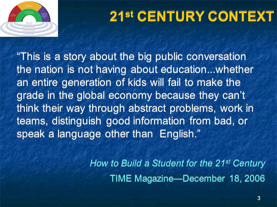 3 This is a story about the big public conversation the nation is not having about education...whether an entire generation of kids will fail to make the grade in the global economy because they can’t think their way through abstract problems, work in teams, distinguish good information from bad, or speak a language other than English. How to Build a Student for the 21 st Century TIME Magazine—December 18, 2006 This is a story about the big public conversation the nation is not having about education...whether an entire generation of kids will fail to make the grade in the global economy because they can’t think their way through abstract problems, work in teams, distinguish good information from bad, or speak a language other than English. How to Build a Student for the 21 st Century TIME Magazine—December 18, st CENTURY CONTEXT
