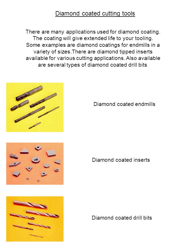 Diamond coated cutting tools There are many applications used for diamond coating.