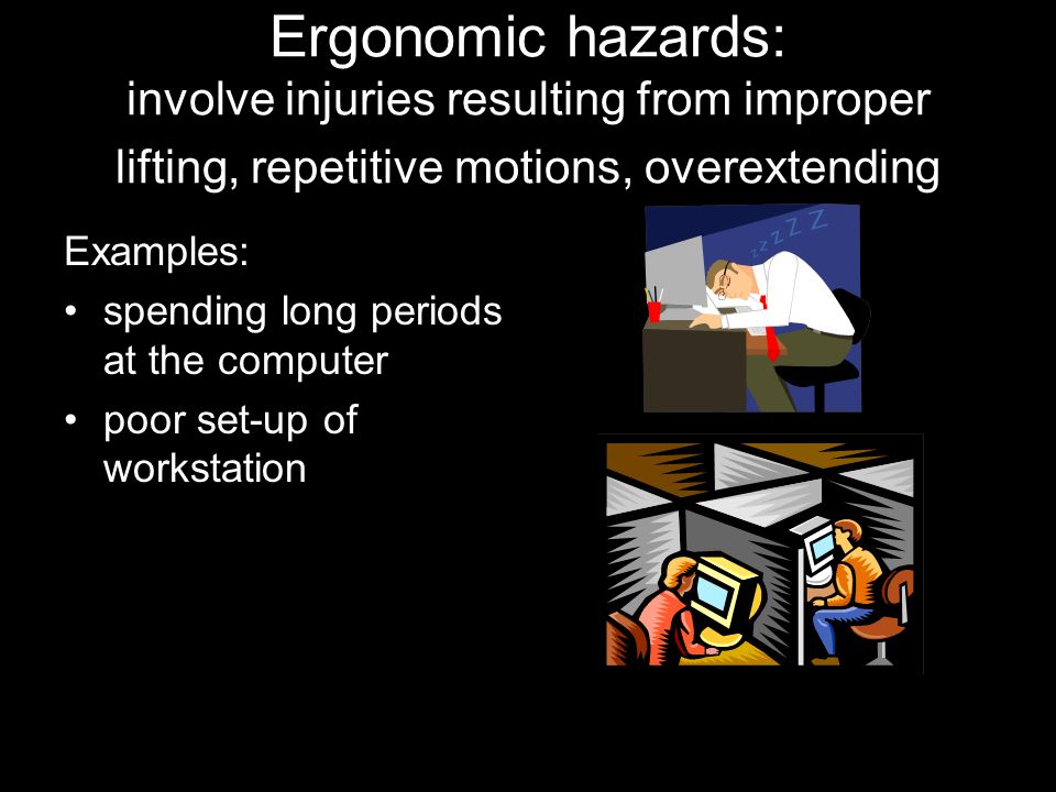Ergonomic hazards: involve injuries resulting from improper lifting, repetitive motions, overextending Examples: spending long periods at the computer poor set-up of workstation