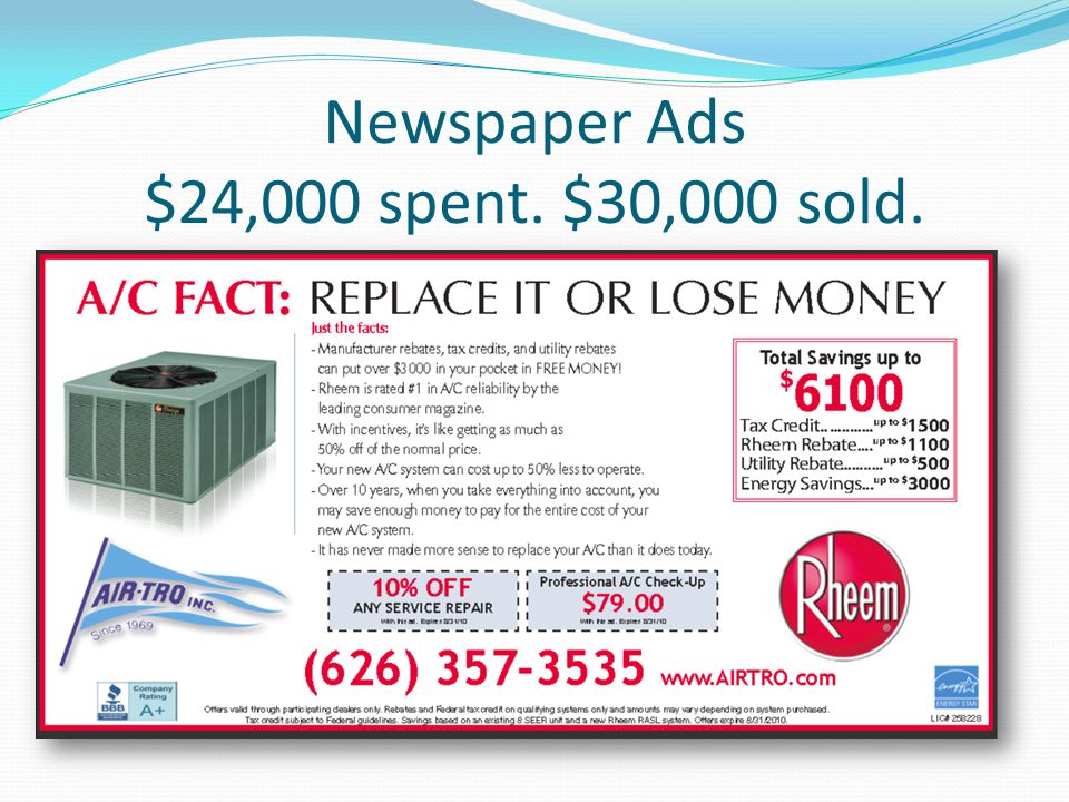 Newspaper Ads $24,000 spent. $30,000 sold.