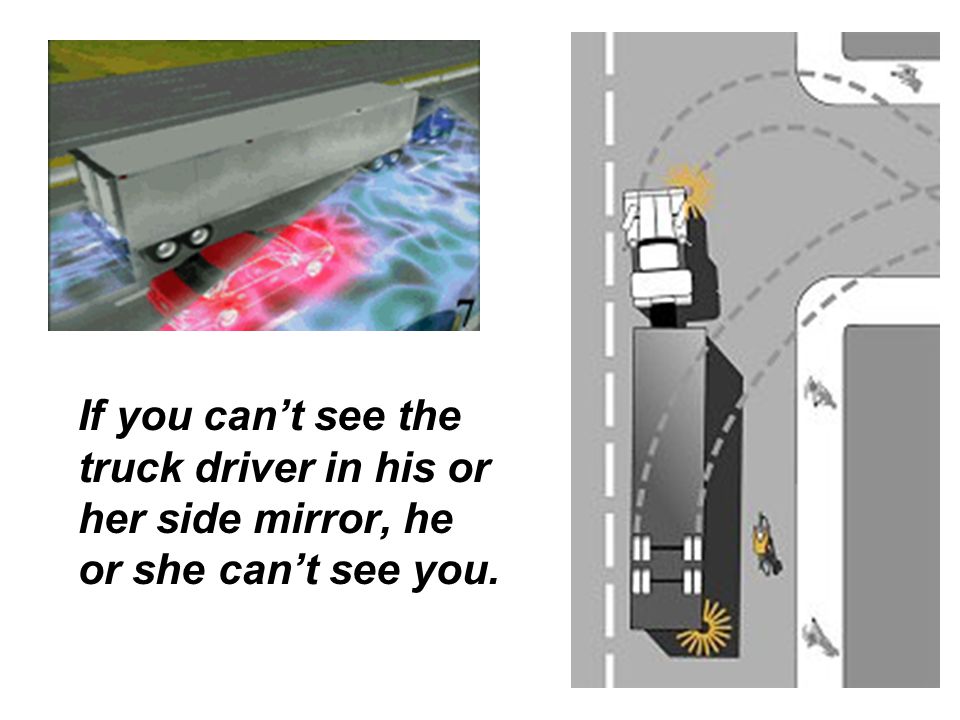 If you can’t see the truck driver in his or her side mirror, he or she can’t see you.