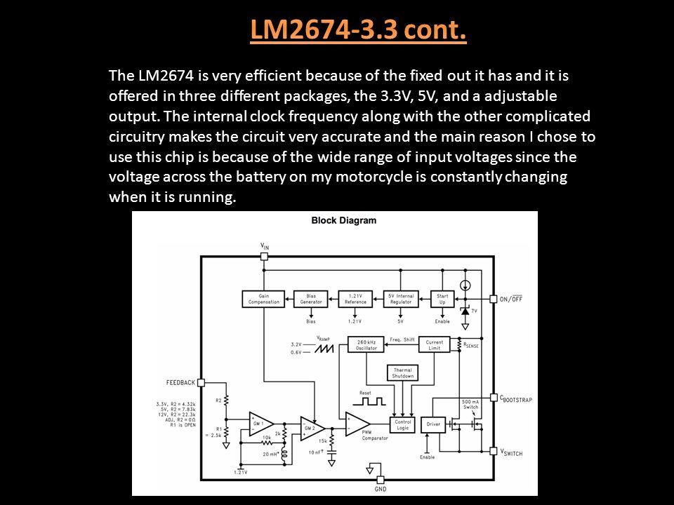 The LM2674 is very efficient because of the fixed out it has and it is offered in three different packages, the 3.3V, 5V, and a adjustable output.
