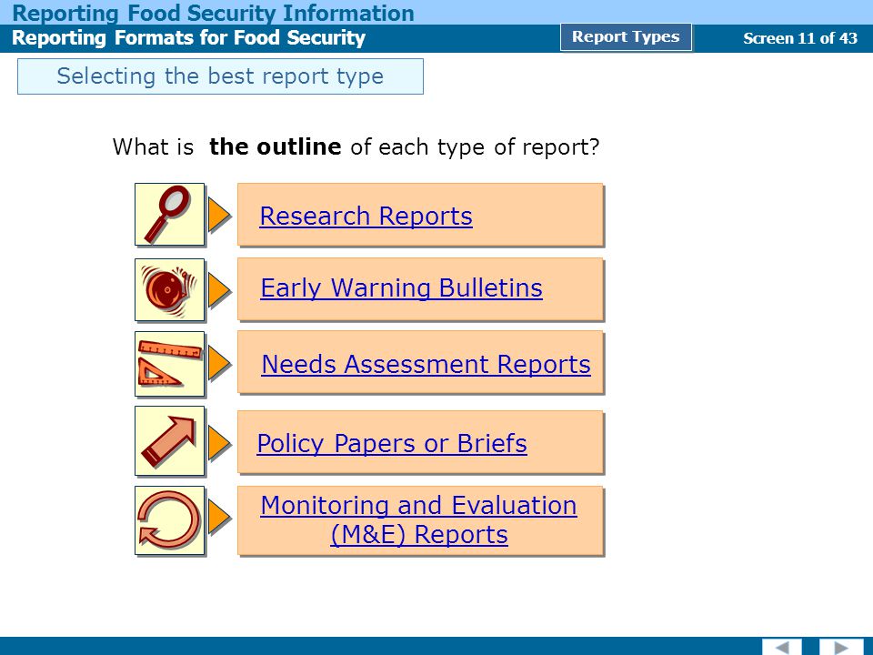 Screen 11 of 43 Reporting Food Security Information Reporting Formats for Food Security Report Types Selecting the best report type What is the outline of each type of report.