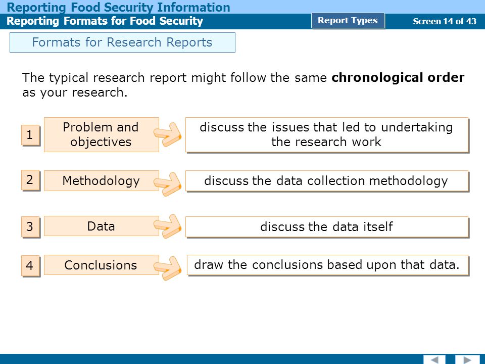 Screen 14 of 43 Reporting Food Security Information Reporting Formats for Food Security Report Types Formats for Research Reports draw the conclusions based upon that data.