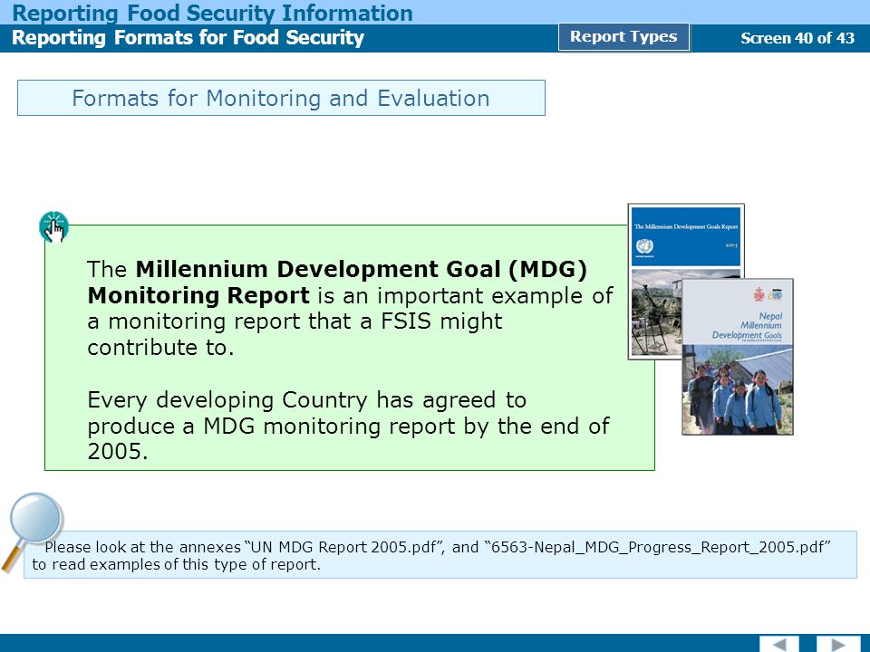 Screen 40 of 43 Reporting Food Security Information Reporting Formats for Food Security Report Types Formats for Monitoring and Evaluation Please look at the annexes UN MDG Report 2005.pdf , and 6563-Nepal_MDG_Progress_Report_2005.pdf to read examples of this type of report.