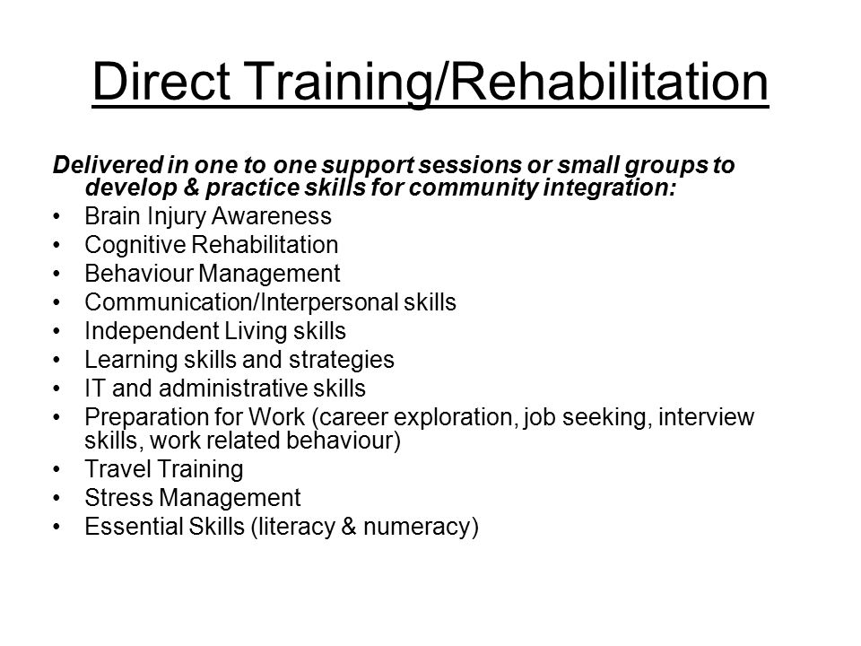 Direct Training/Rehabilitation Delivered in one to one support sessions or small groups to develop & practice skills for community integration: Brain Injury Awareness Cognitive Rehabilitation Behaviour Management Communication/Interpersonal skills Independent Living skills Learning skills and strategies IT and administrative skills Preparation for Work (career exploration, job seeking, interview skills, work related behaviour) Travel Training Stress Management Essential Skills (literacy & numeracy)