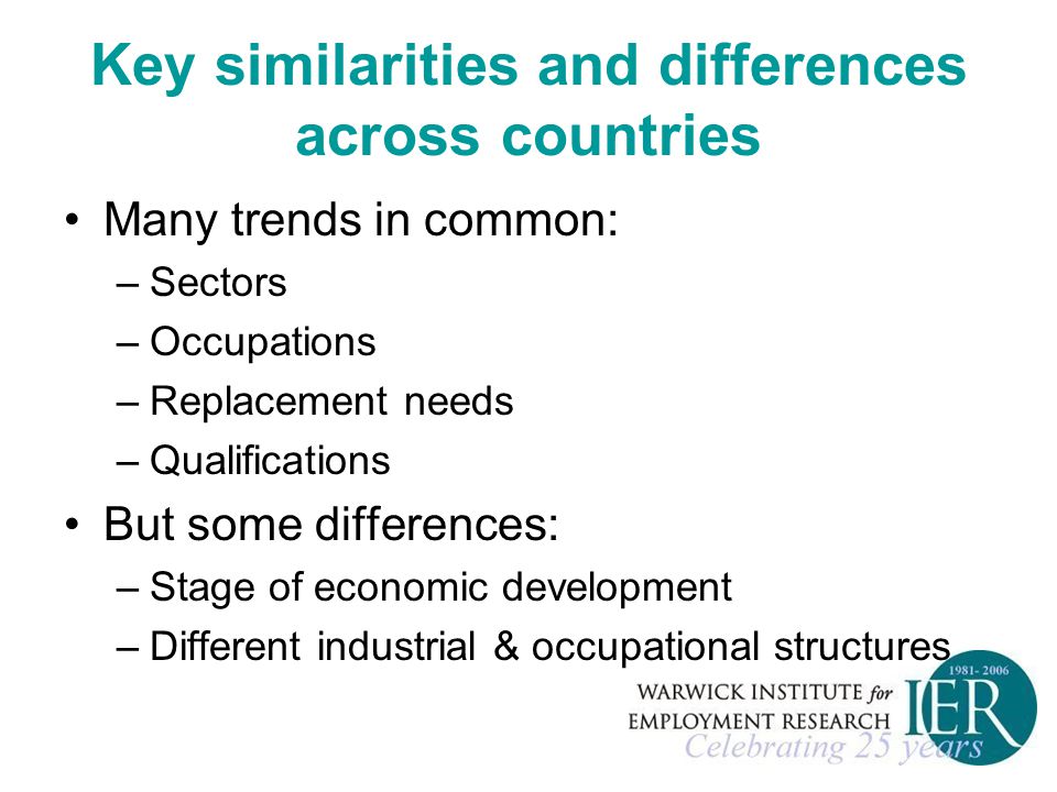 Key similarities and differences across countries Many trends in common: –Sectors –Occupations –Replacement needs –Qualifications But some differences: –Stage of economic development –Different industrial & occupational structures