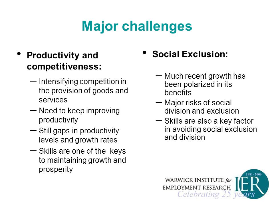 Major challenges Productivity and competitiveness: – Intensifying competition in the provision of goods and services – Need to keep improving productivity – Still gaps in productivity levels and growth rates – Skills are one of the keys to maintaining growth and prosperity Social Exclusion: – Much recent growth has been polarized in its benefits – Major risks of social division and exclusion – Skills are also a key factor in avoiding social exclusion and division