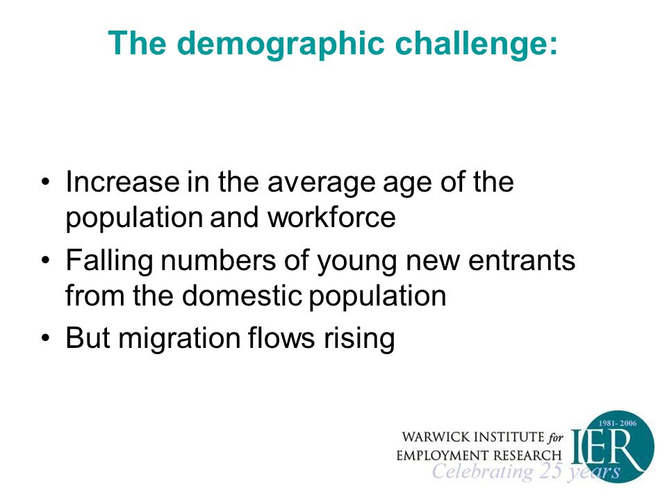 The demographic challenge: Increase in the average age of the population and workforce Falling numbers of young new entrants from the domestic population But migration flows rising