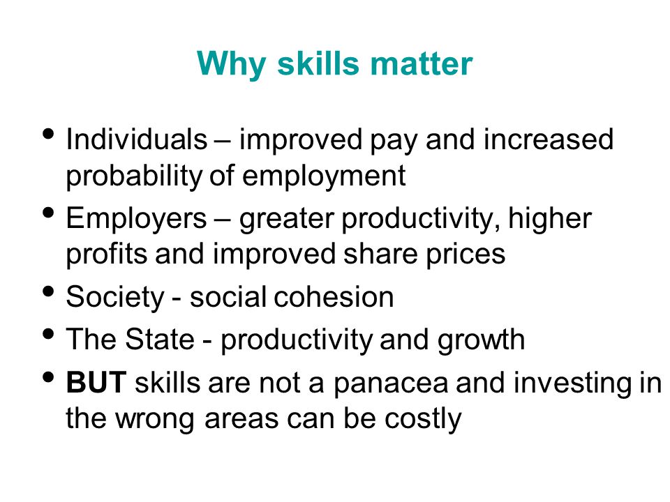 Why skills matter Individuals – improved pay and increased probability of employment Employers – greater productivity, higher profits and improved share prices Society - social cohesion The State - productivity and growth BUT skills are not a panacea and investing in the wrong areas can be costly