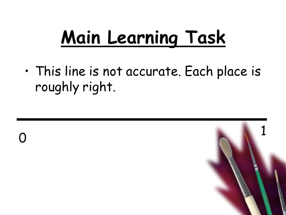 Main Learning Task This line is not accurate. Each place is roughly right. 0 1
