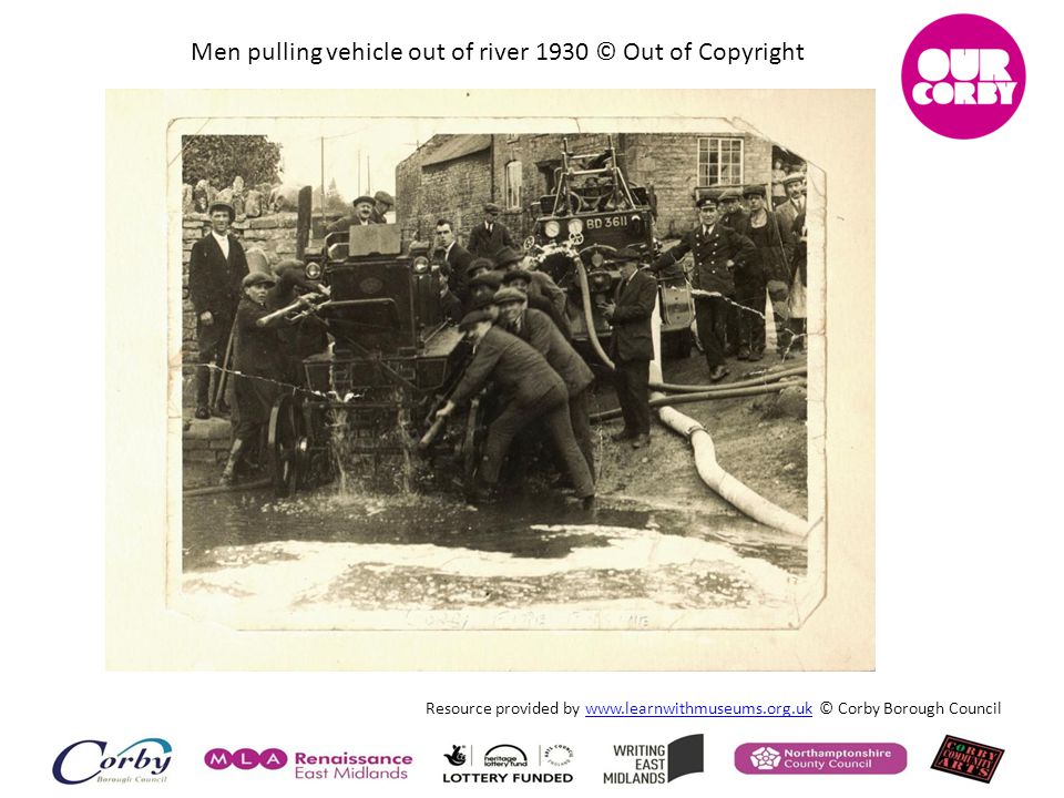 Resource provided by   © Corby Borough Councilwww.learnwithmuseums.org.uk Men pulling vehicle out of river 1930 © Out of Copyright