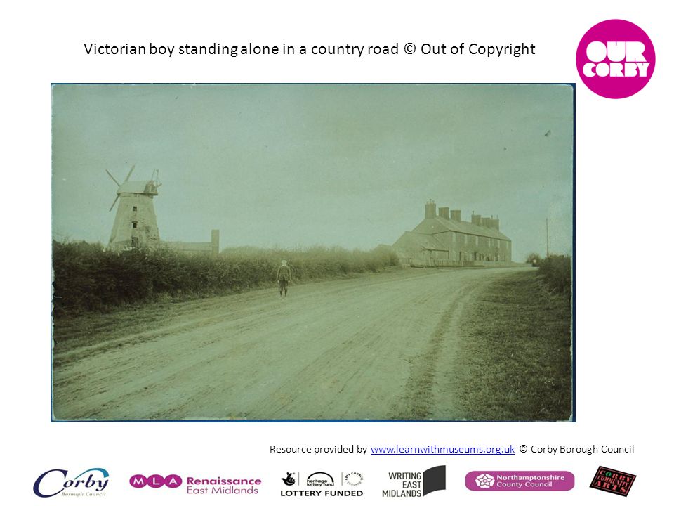 Victorian boy standing alone in a country road © Out of Copyright Resource provided by   © Corby Borough Councilwww.learnwithmuseums.org.uk