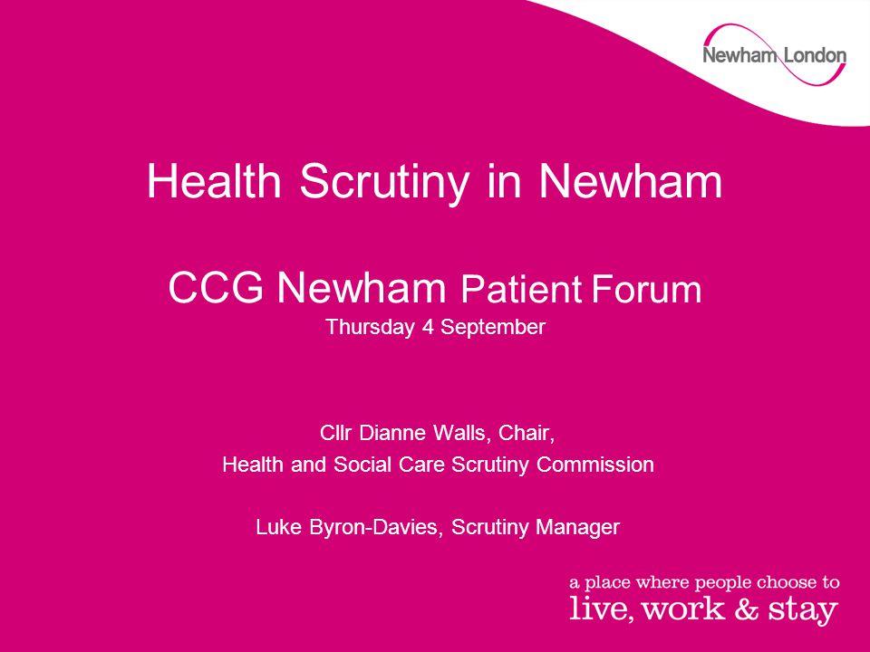 Health Scrutiny in Newham CCG Newham Patient Forum Thursday 4 September Cllr Dianne Walls, Chair, Health and Social Care Scrutiny Commission Luke Byron-Davies, Scrutiny Manager
