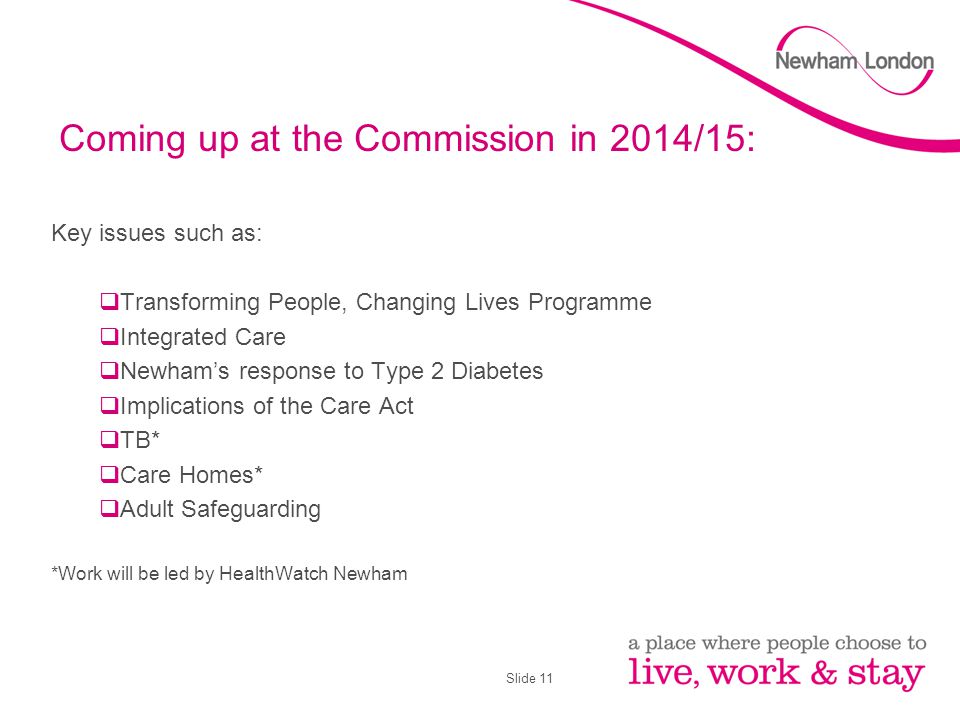 Slide 11 Coming up at the Commission in 2014/15: Key issues such as:  Transforming People, Changing Lives Programme  Integrated Care  Newham’s response to Type 2 Diabetes  Implications of the Care Act  TB*  Care Homes*  Adult Safeguarding *Work will be led by HealthWatch Newham