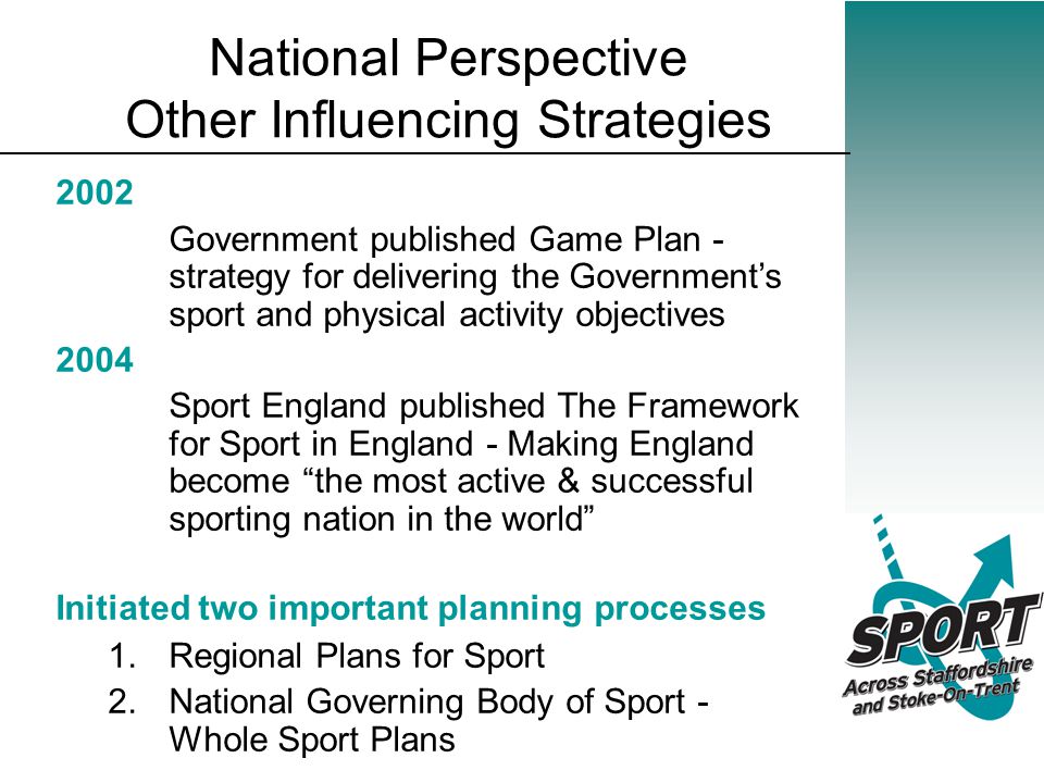 National Perspective Other Influencing Strategies 2002 Government published Game Plan - strategy for delivering the Government’s sport and physical activity objectives 2004 Sport England published The Framework for Sport in England - Making England become the most active & successful sporting nation in the world Initiated two important planning processes 1.Regional Plans for Sport 2.National Governing Body of Sport - Whole Sport Plans