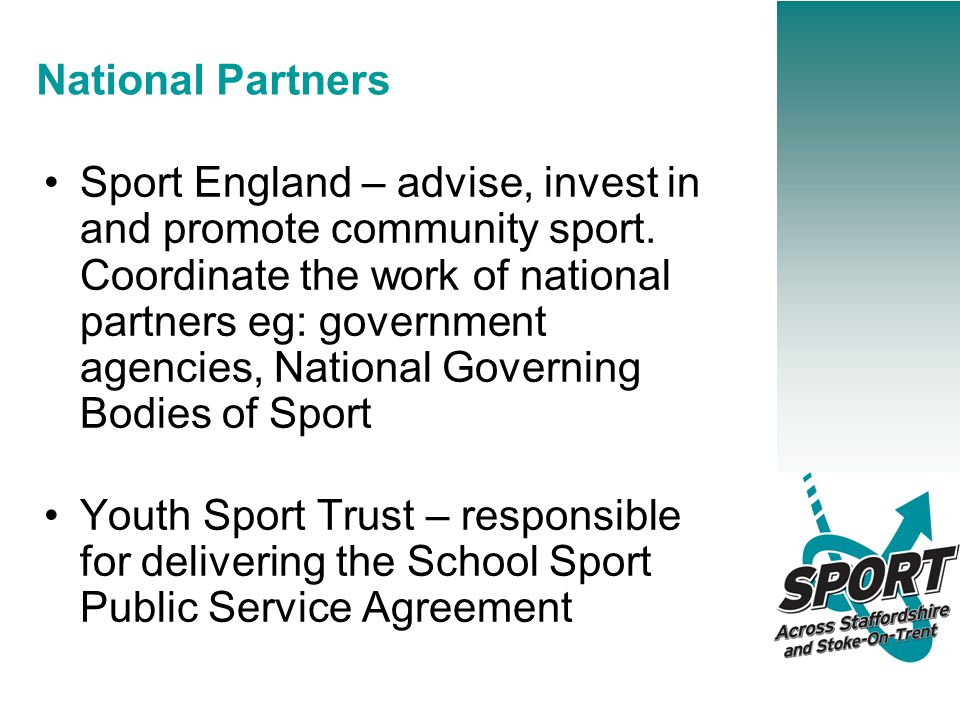 National Partners Sport England – advise, invest in and promote community sport.