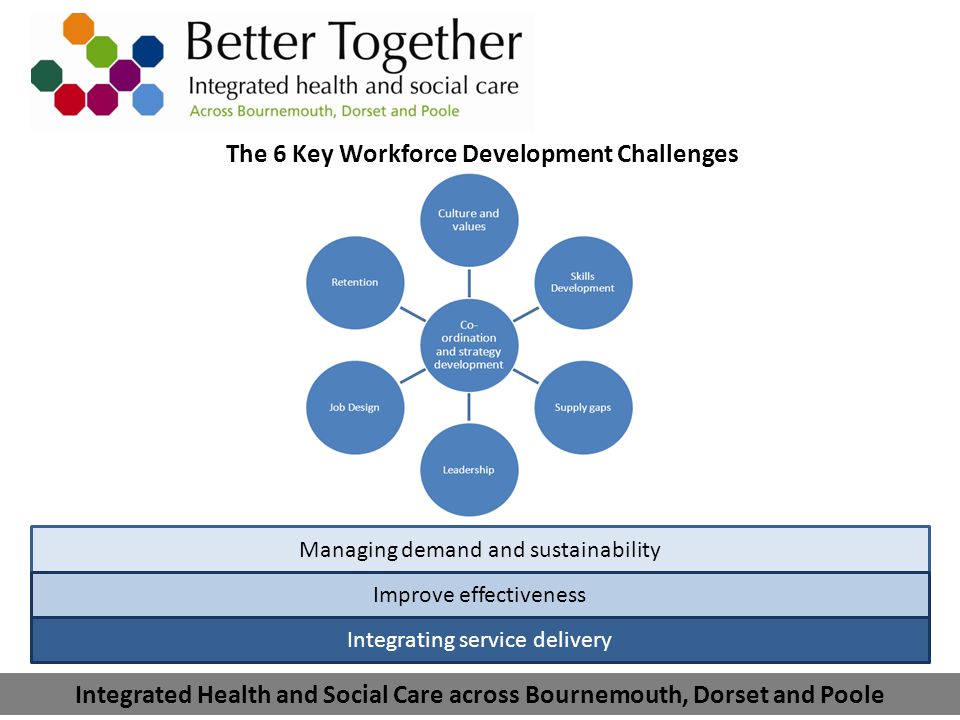 The 6 Key Workforce Development Challenges Integrated service delivery Managing demand and sustainability Improve effectiveness Integrating service delivery Integrated Health and Social Care across Bournemouth, Dorset and Poole