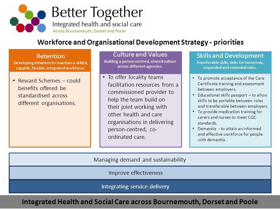 Integrated Health and Social Care across Bournemouth, Dorset and Poole Workforce and Organisational Development Strategy - priorities Retention Developing initiatives to maintain a skilled, capable, flexible, integrated workforce.