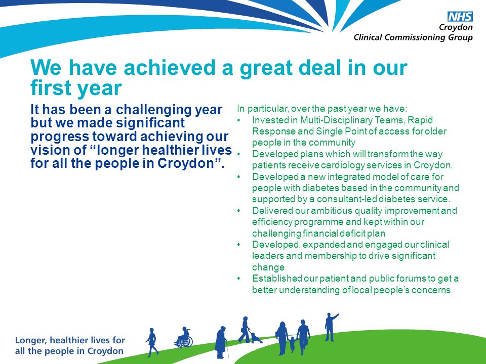 In particular, over the past year we have: Invested in Multi-Disciplinary Teams, Rapid Response and Single Point of access for older people in the community Developed plans which will transform the way patients receive cardiology services in Croydon.