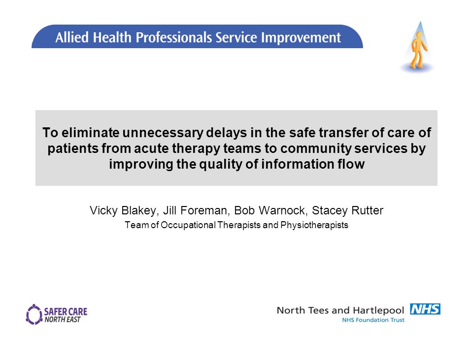 To eliminate unnecessary delays in the safe transfer of care of patients from acute therapy teams to community services by improving the quality of information flow Vicky Blakey, Jill Foreman, Bob Warnock, Stacey Rutter Team of Occupational Therapists and Physiotherapists