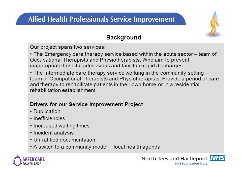 Our project spans two services: The Emergency care therapy service based within the acute sector – team of Occupational Therapists and Physiotherapists.