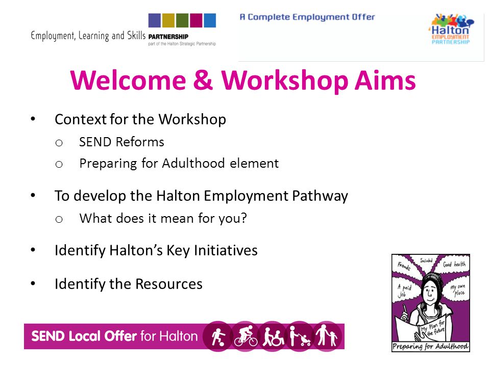 Welcome & Workshop Aims Context for the Workshop o SEND Reforms o Preparing for Adulthood element To develop the Halton Employment Pathway o What does it mean for you.
