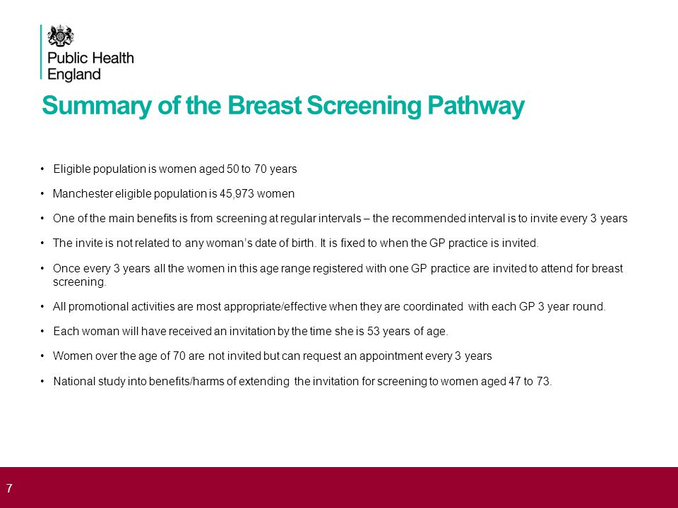 Summary of the Breast Screening Pathway Eligible population is women aged 50 to 70 years Manchester eligible population is 45,973 women One of the main benefits is from screening at regular intervals – the recommended interval is to invite every 3 years The invite is not related to any woman’s date of birth.