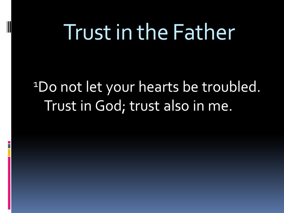 Trust in the Father 1 Do not let your hearts be troubled. Trust in God; trust also in me.