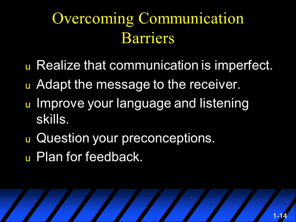 1-14 Overcoming Communication Barriers u Realize that communication is imperfect.