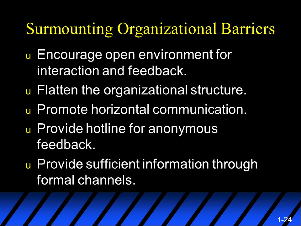 1-24 Surmounting Organizational Barriers u Encourage open environment for interaction and feedback.